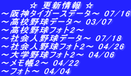 　　　　☆ 更新情報 ☆ ～阪神タイガースデータ～ 07/16 ～高校野球データ～ 03/07 ～高校野球フォト2～  ～社会人野球データ～ 07/18 ～社会人野球フォト2～ 04/26 ～大学野球フォト2～ 04/06 ～メモ帳2～ 04/22 ～フォト～ 04/04