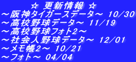　　　　☆ 更新情報 ☆ ～阪神タイガースデータ～ 10/30 ～高校野球データ～ 11/19 ～高校野球フォト2～  ～社会人野球データ～ 12/01 ～メモ帳2～ 10/21 ～フォト～ 04/04