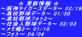 　　　　☆ 更新情報 ☆ ～阪神タイガースデータ～ 02/19 ～高校野球データ～ 01/30 ～高校野球フォト2～  ～社会人野球データ～ 02/03 ～メモ帳2～ 01/10 ～フォト～ 04/04